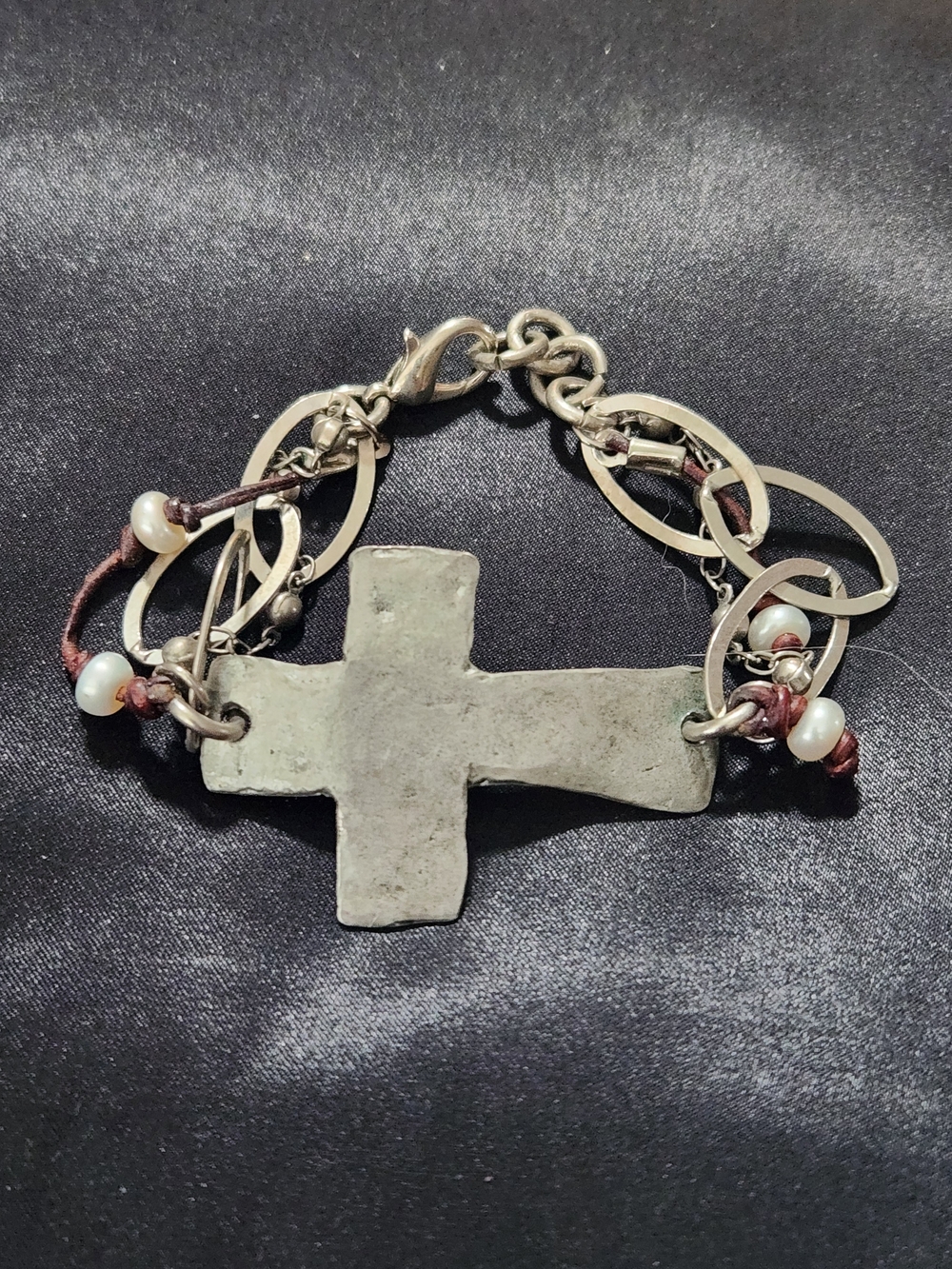 Silver-Tone Cross Bracelet with Pearl & Brown Cord Accents